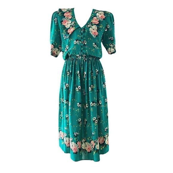 Vintage 80’s Phoebe Teal Floral Peter Pan Collar Dress 8P - Picture 1 of 8